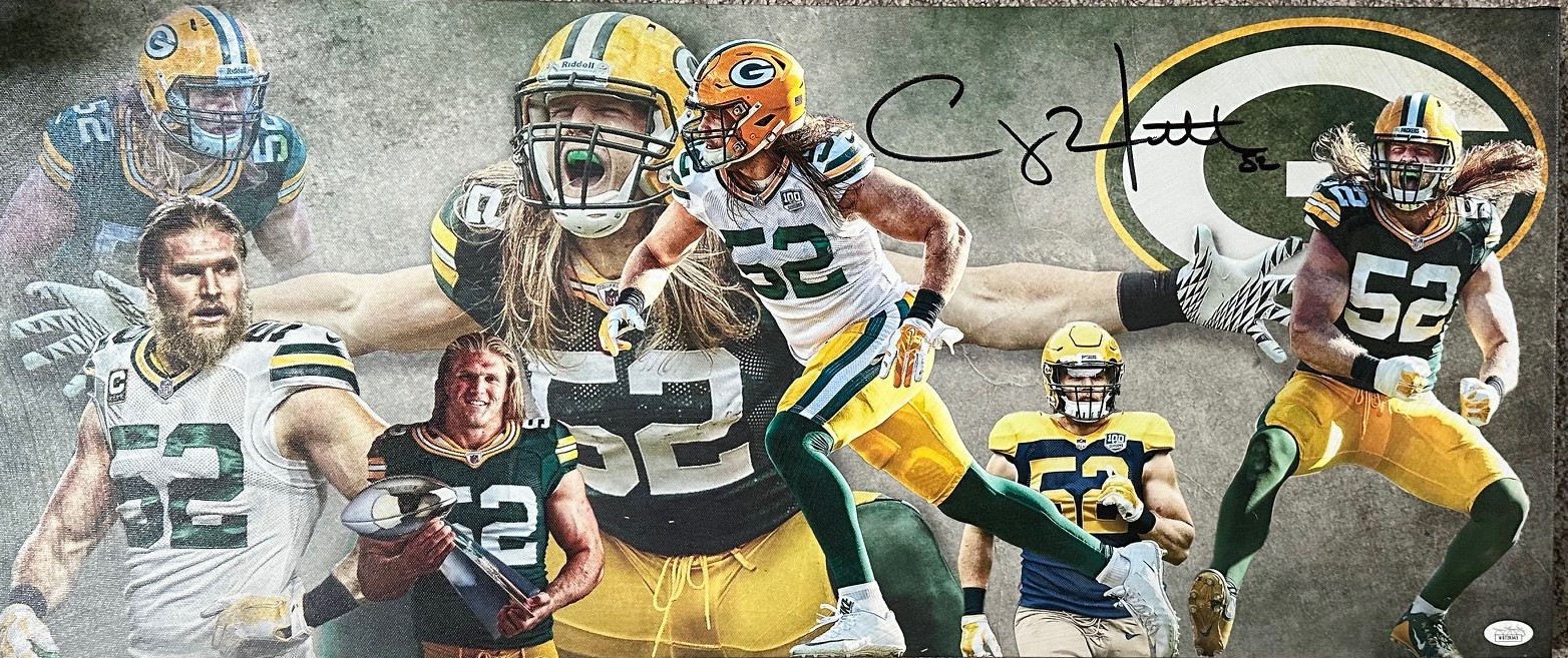 CLAY MATTHEWS SIGNED 13X31 STRETCHED CUSTOM PACKERS CANVAS COLLAGE - JSA