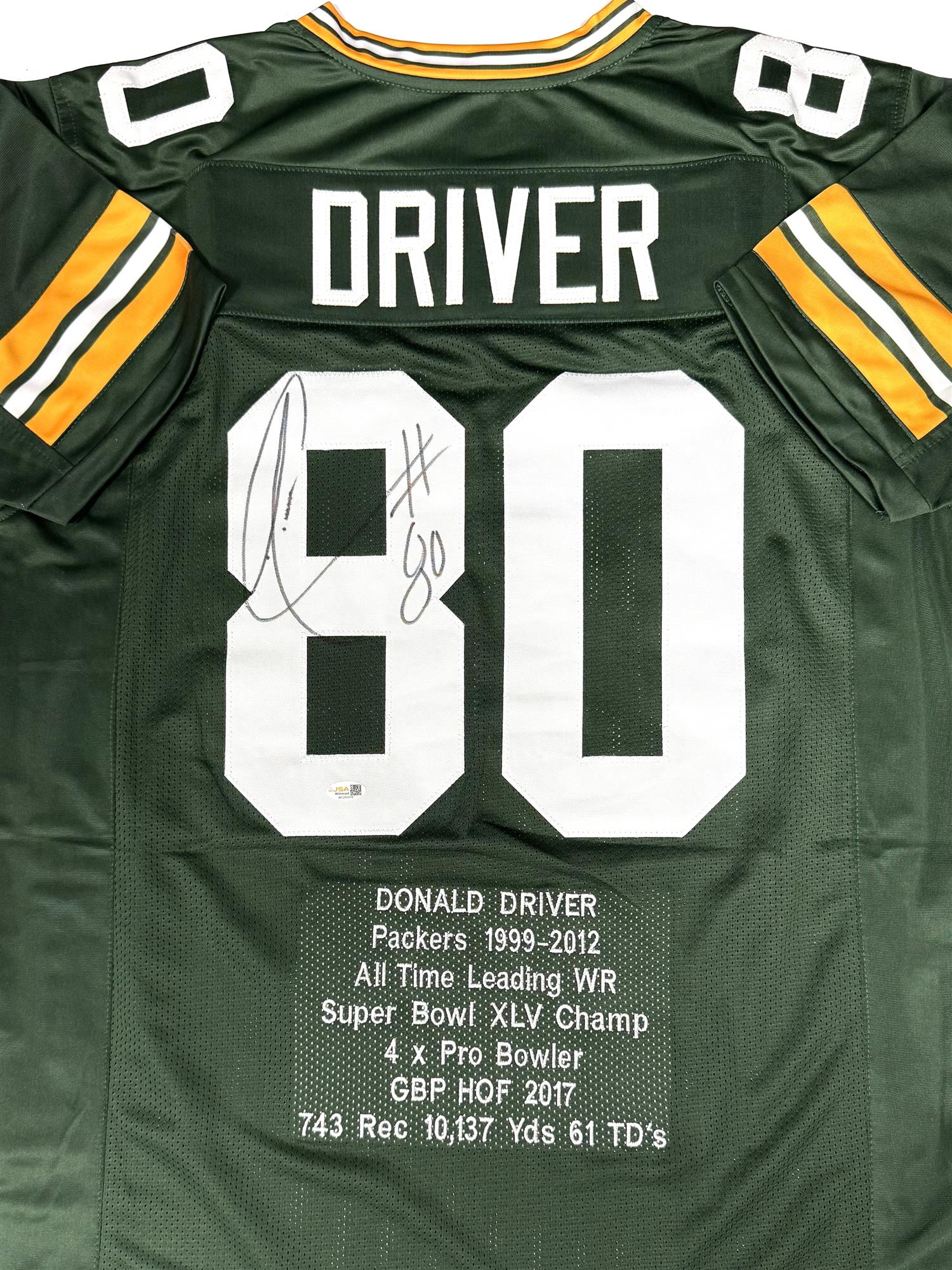 DONALD DRIVER SIGNED CUSTOM GREEN STITCHED STATS PACKERS JERSEY - JSA