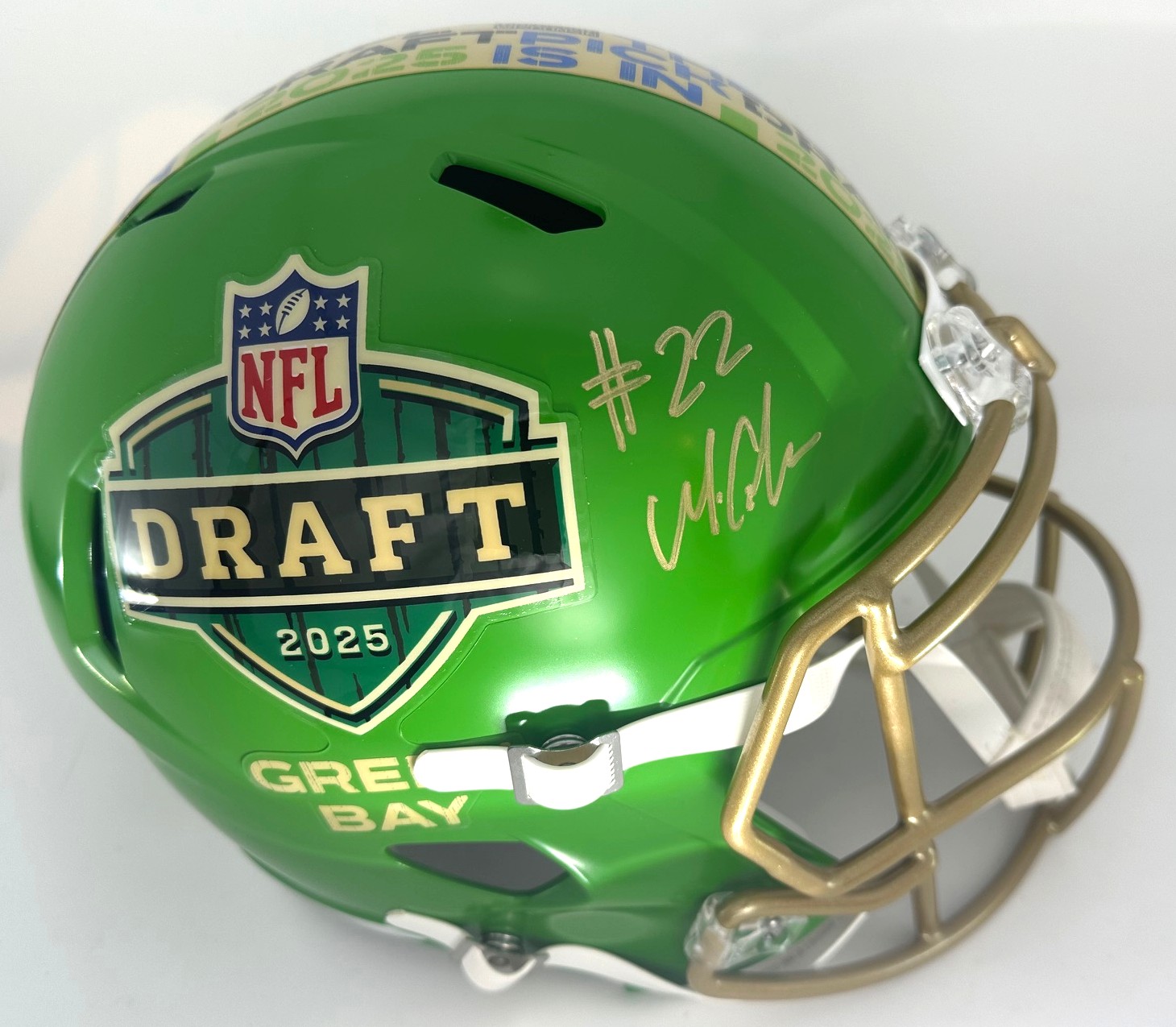 MATTHEW GOLDEN SIGNED FULL SIZE 2025 DRAFT LOGO REPLICA SPEED HELMET - PACKERS - BAS MATTHEW GOLDEN SIGNED FULL SIZE 2025 DRAFT LOGO REPLICA SPEED HELMET - PACKERS - BAS