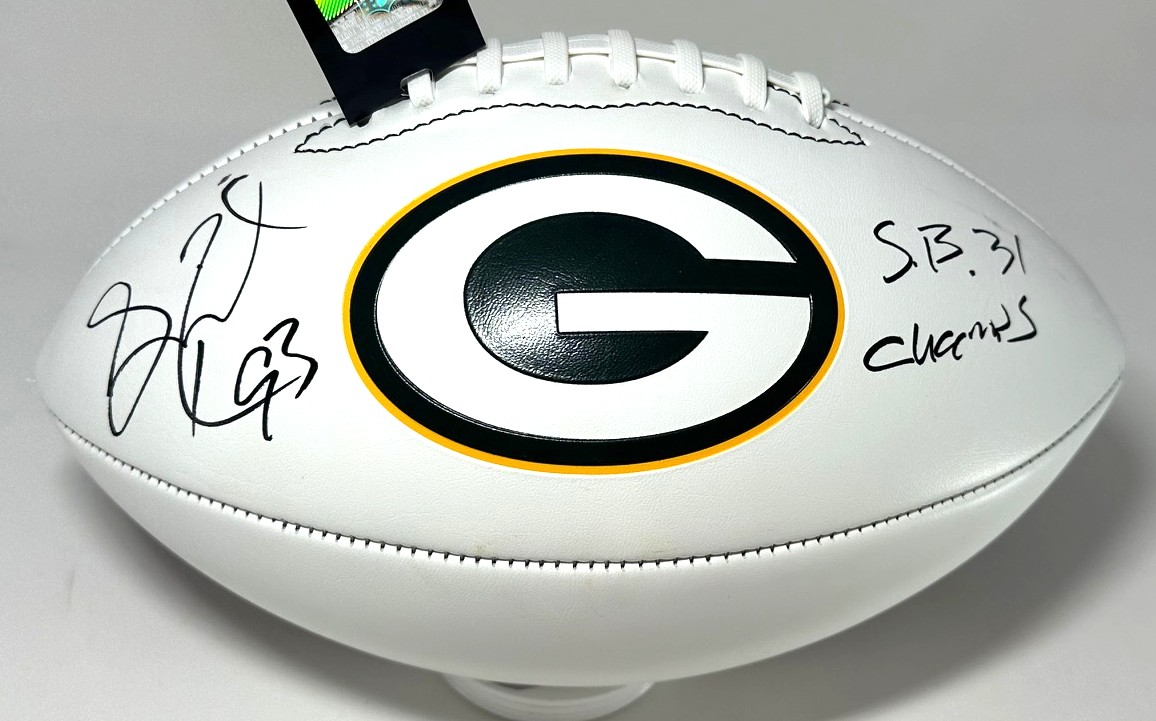 GILBERT BROWN SIGNED WILSON PACKERS LOGO WHITE PANEL FOOTBALL W/ SB CHAMPS - BAS