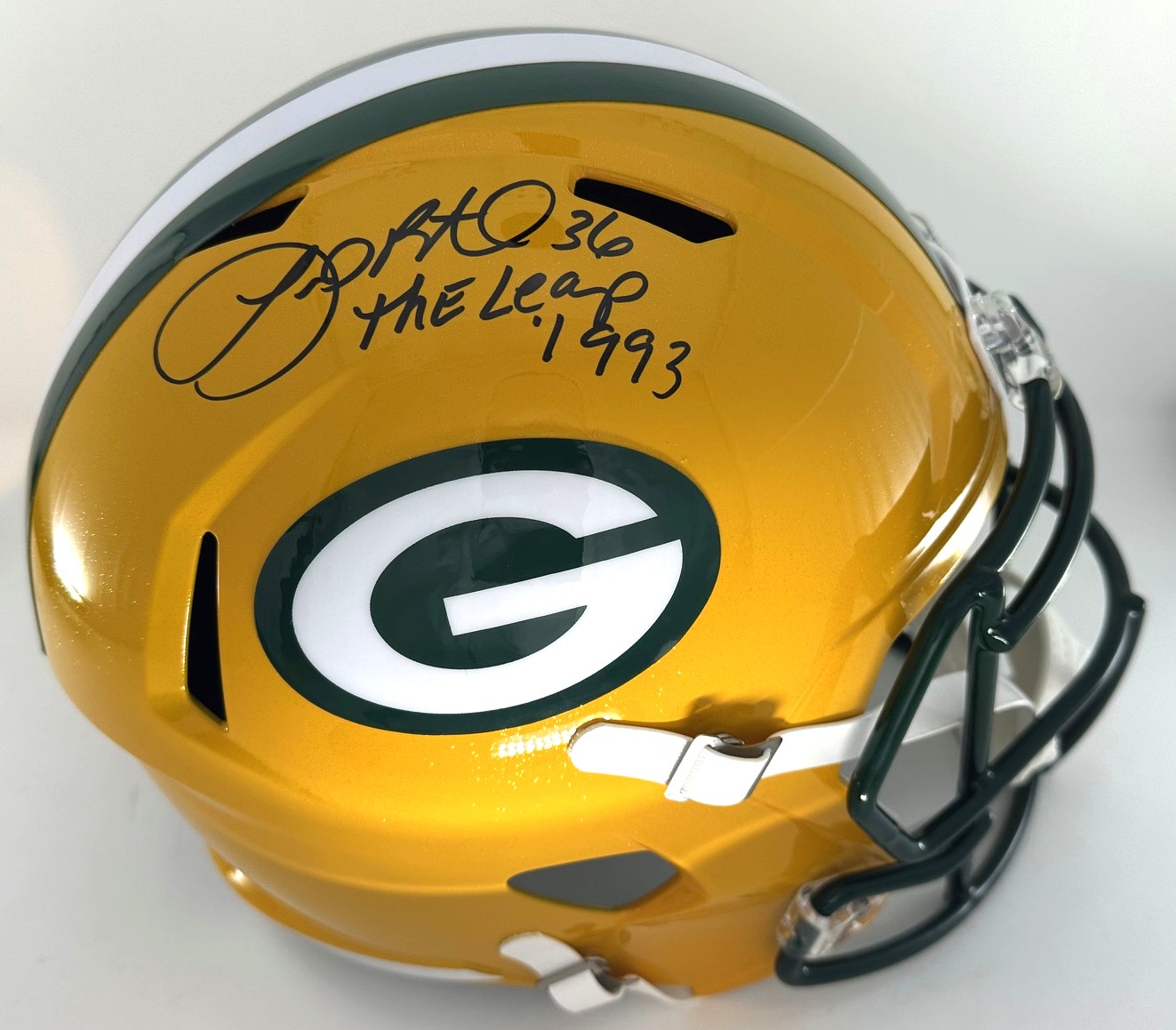 LEROY BUTLER SIGNED FULL SIZE REPLICA SPEED HELMET W/ THE LEAP '93 - BAS