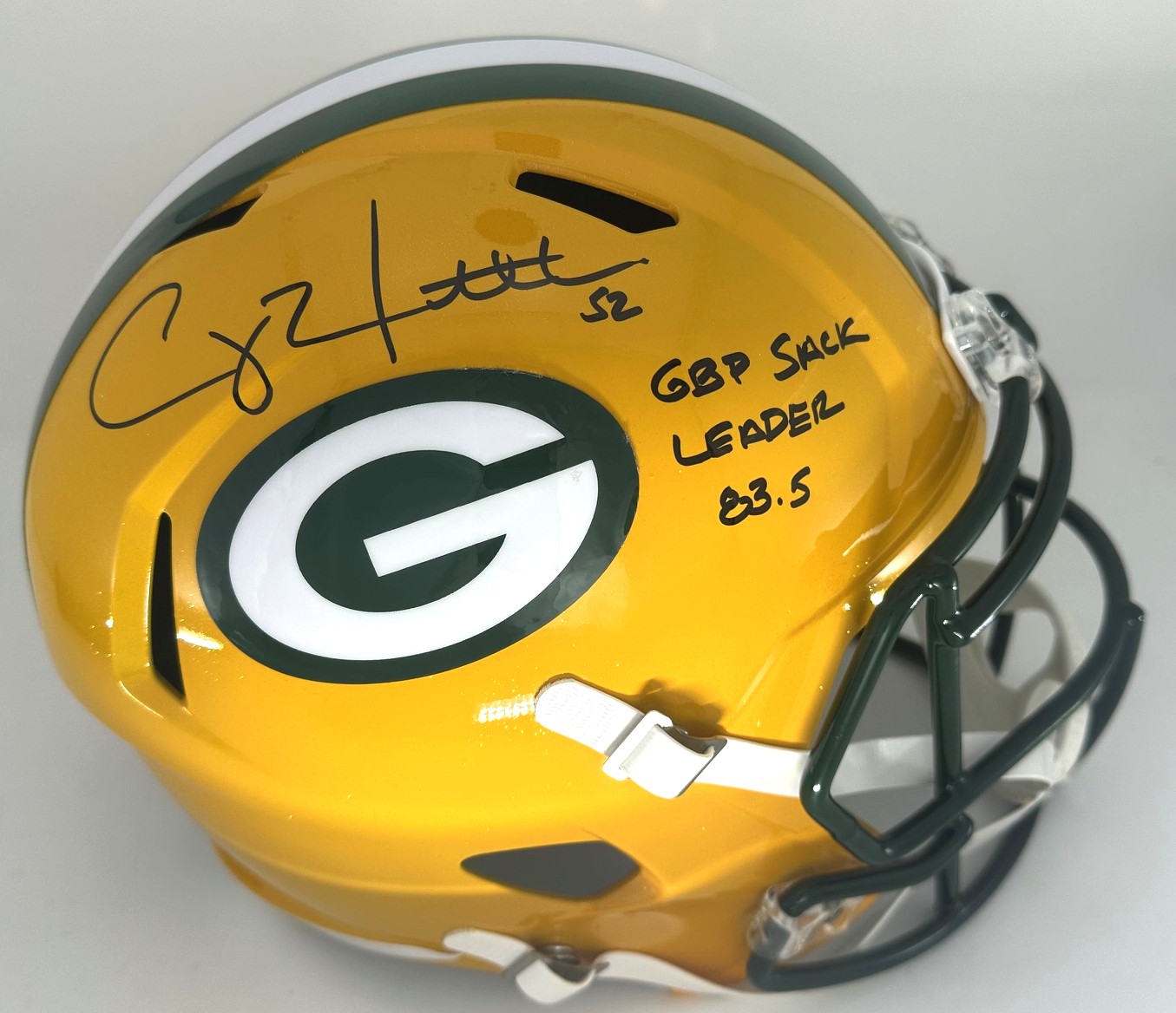 CLAY MATTHEWS SIGNED FULL SIZE REPLICA SPEED PACKERS HELMET W/ SACK LEADER - BAS