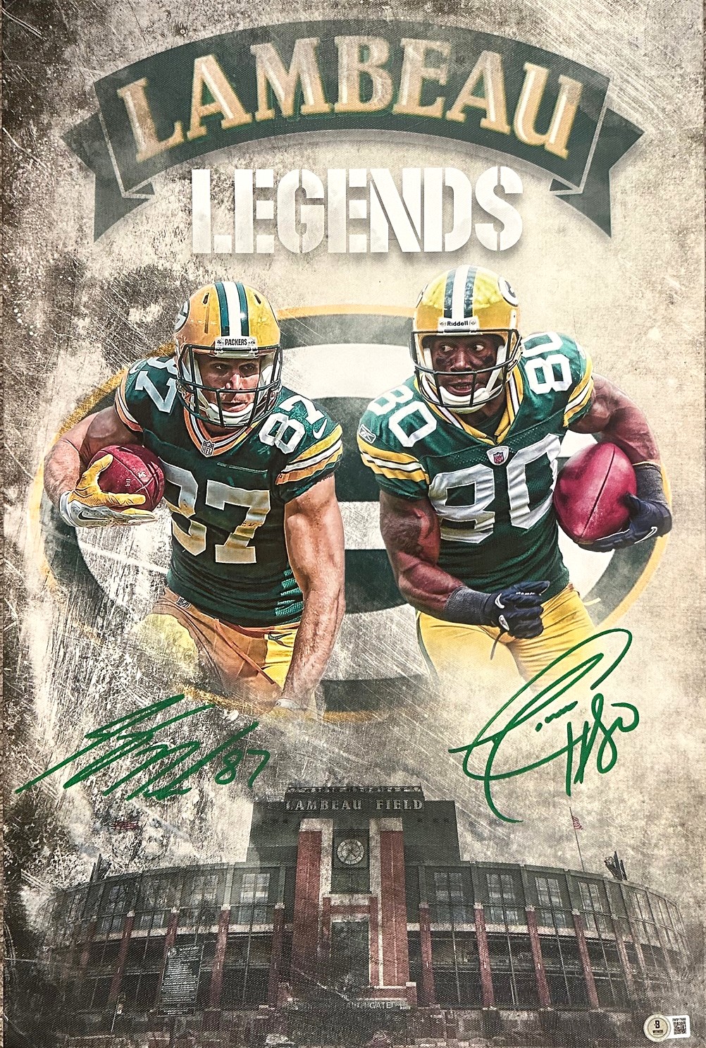 DONALD DRIVER & JORDY NELSON DUAL SIGNED 16X24 PACKERS STRETCHED CANVAS - BAS