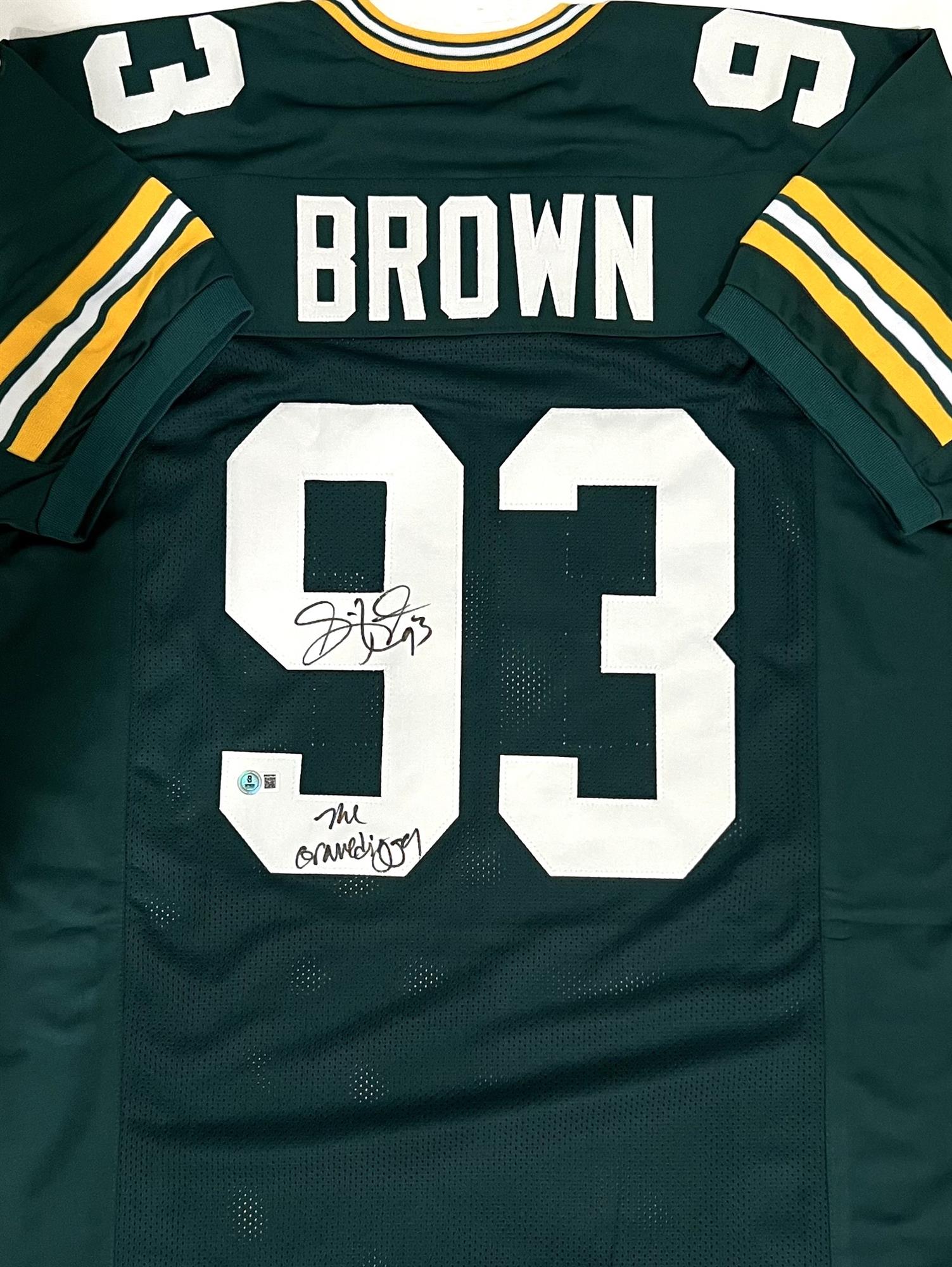 GILBERT BROWN SIGNED CUSTOM REPLICA PACKERS GREEN JERSEY W/ GRAVEDIGGER - BAS