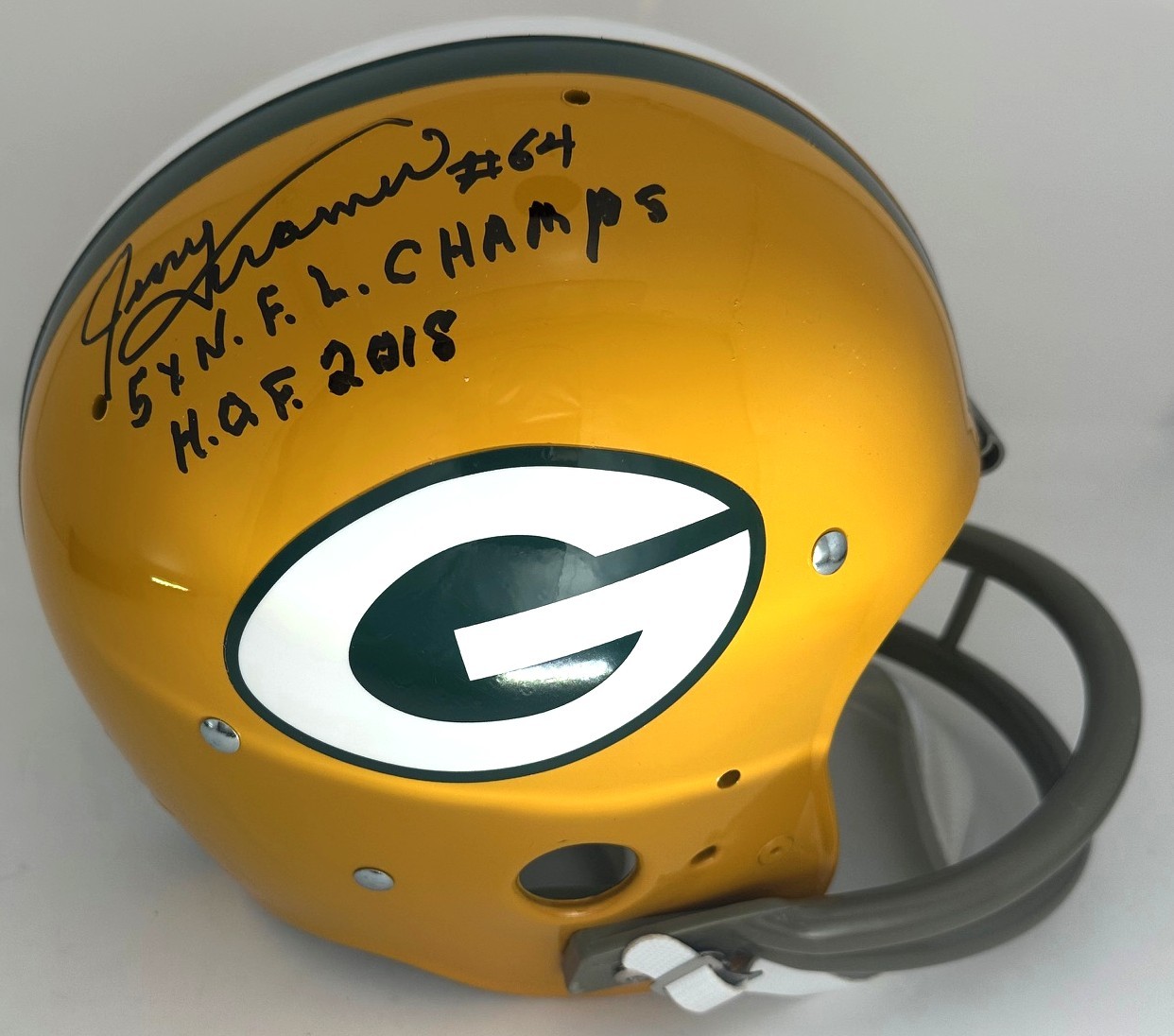 JERRY KRAMER SIGNED FULL SIZE TK SUSPENSION PACKERS HELMET W/ 2 SCRIPTS - JSA