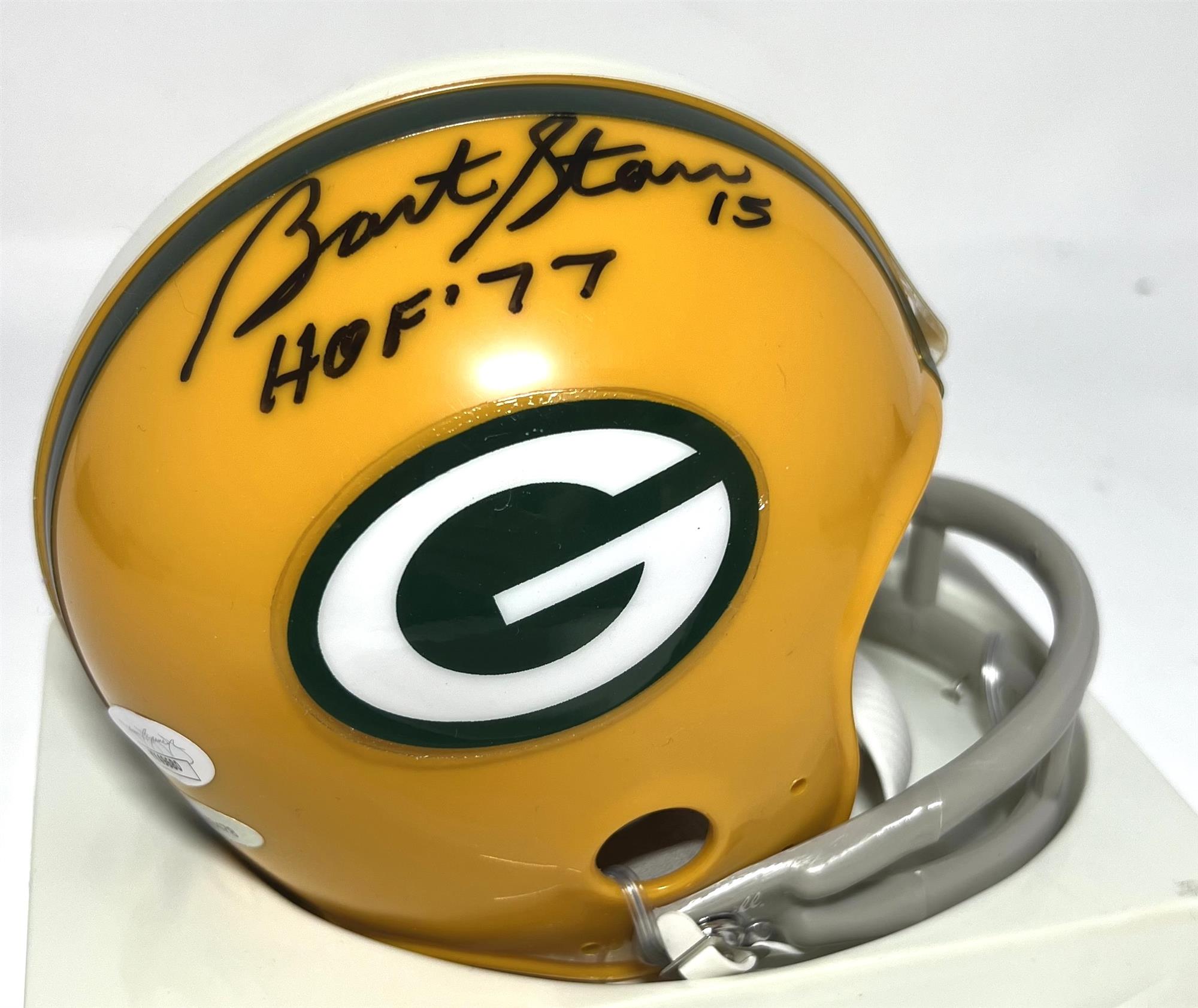 BART STARR (d) SIGNED PACKERS THROWBACK 2-BAR MINI HELMET - JSA
