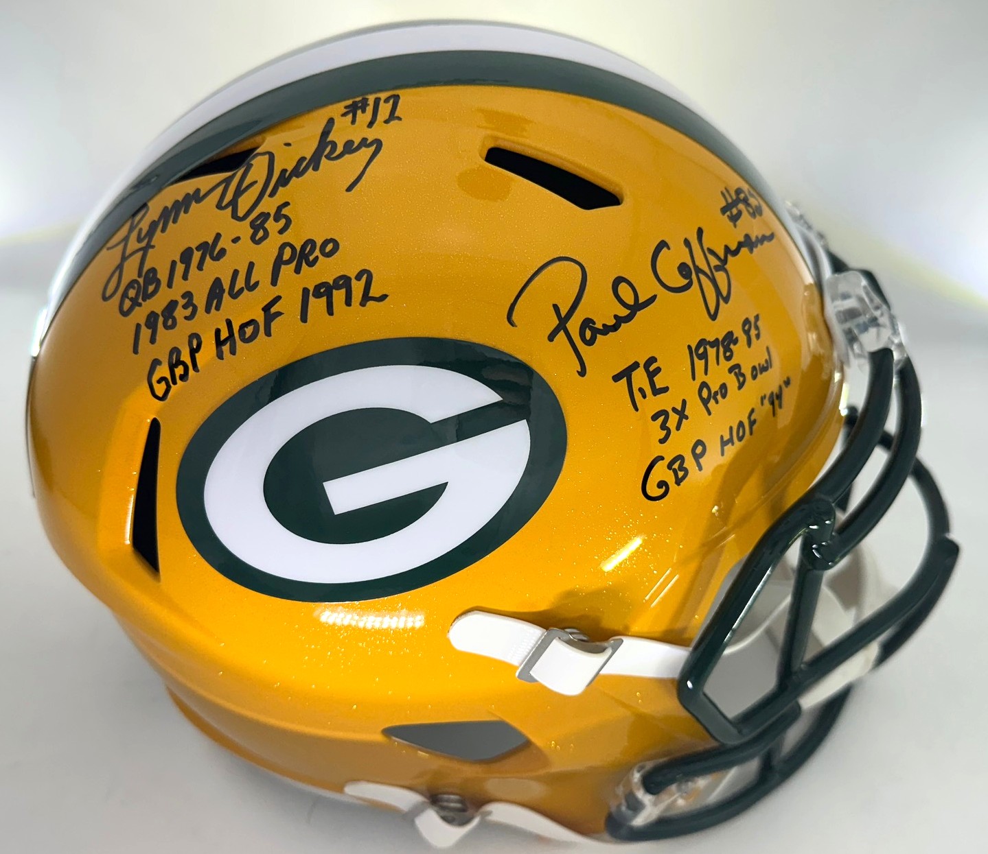 LYNN DICKEY & PAUL COFFMAN DUAL SIGNED PACKERS FULL SIZE REPLICA HELMET W/ SCRIPTS - BAS
