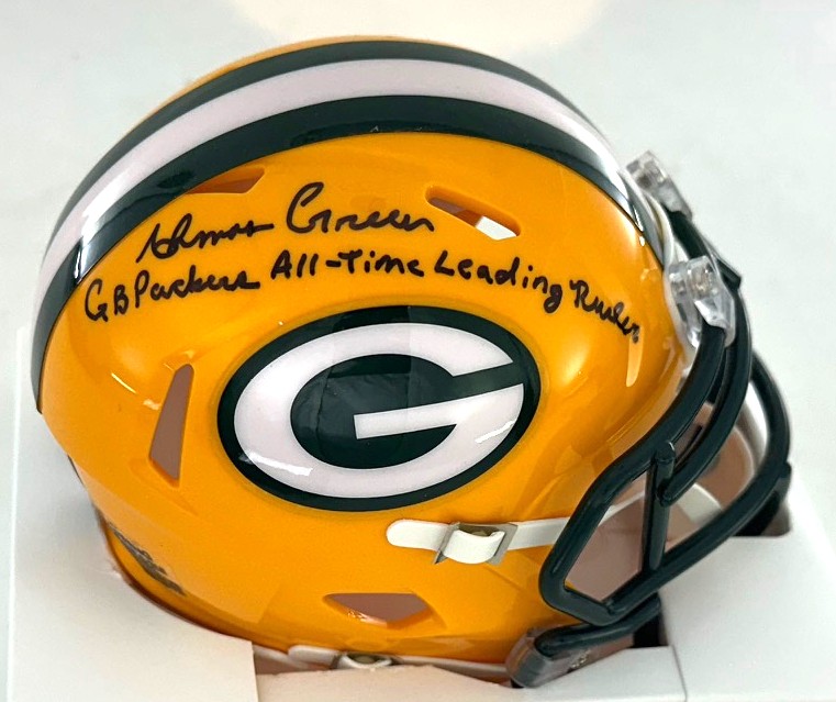 AHMAN GREEN SIGNED RIDDELL PACKERS MINI HELMET W/ LEADING RUSHER - BAS