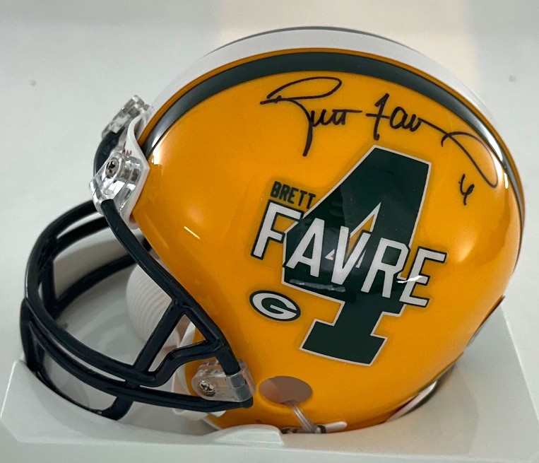 BRETT FAVRE SIGNED RIDDELL VSR4 PACKERS MINI HELMET W/ #4 LOGO STICKER