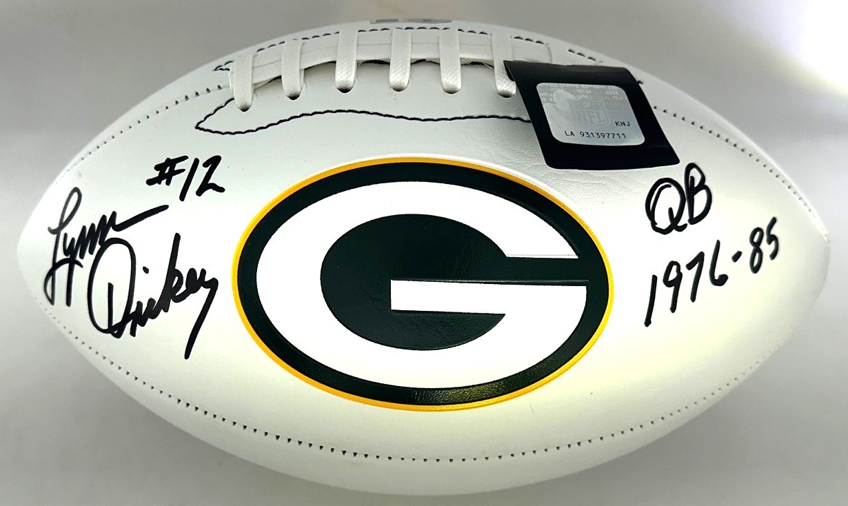 LYNN DICKEY SIGNED WILSON PACKERS LOGO WHITE PANEL FOOTBALL W/ 1976-85 - BAS