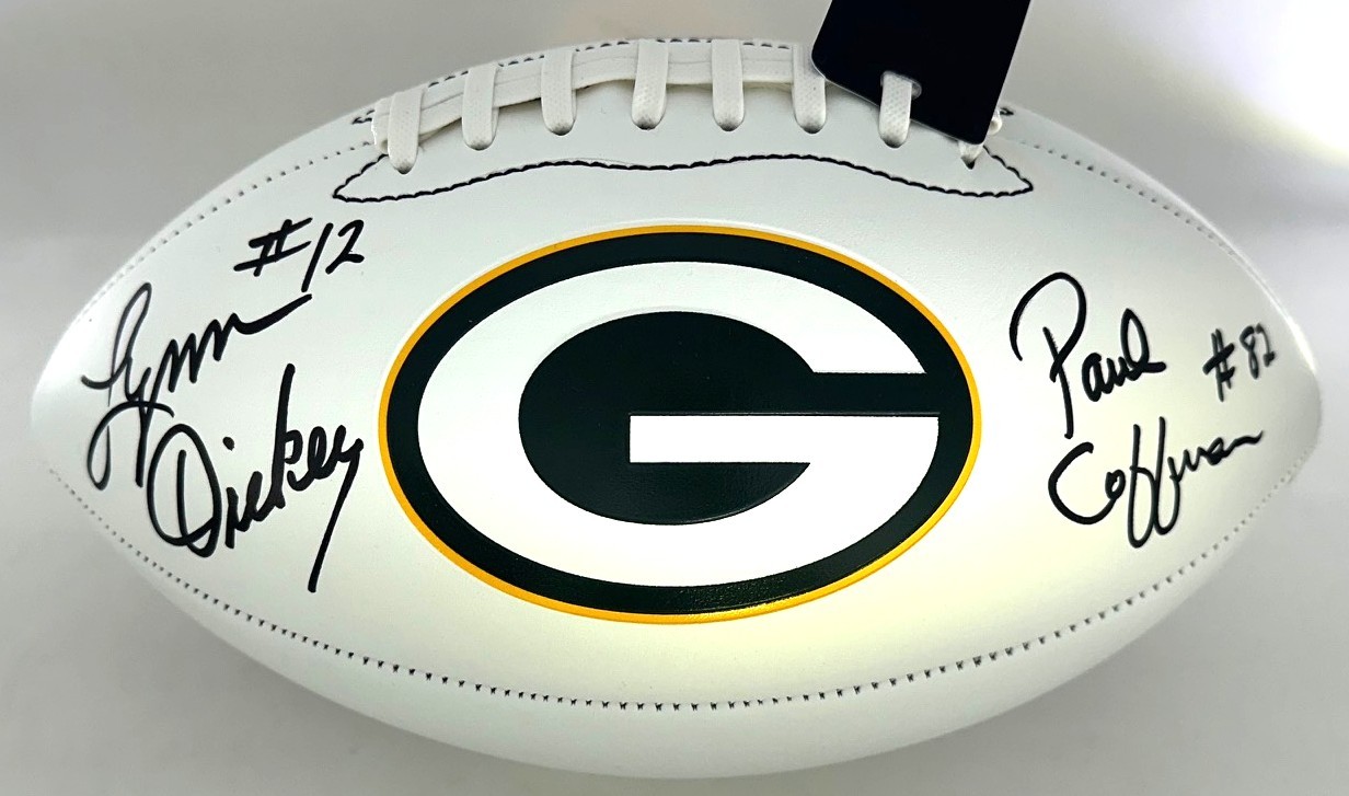 LYNN DICKEY & PAUL COFFMAN DUAL SIGNED WILSON PACKERS LOGO WHITE PANEL FOOTBALL - BAS