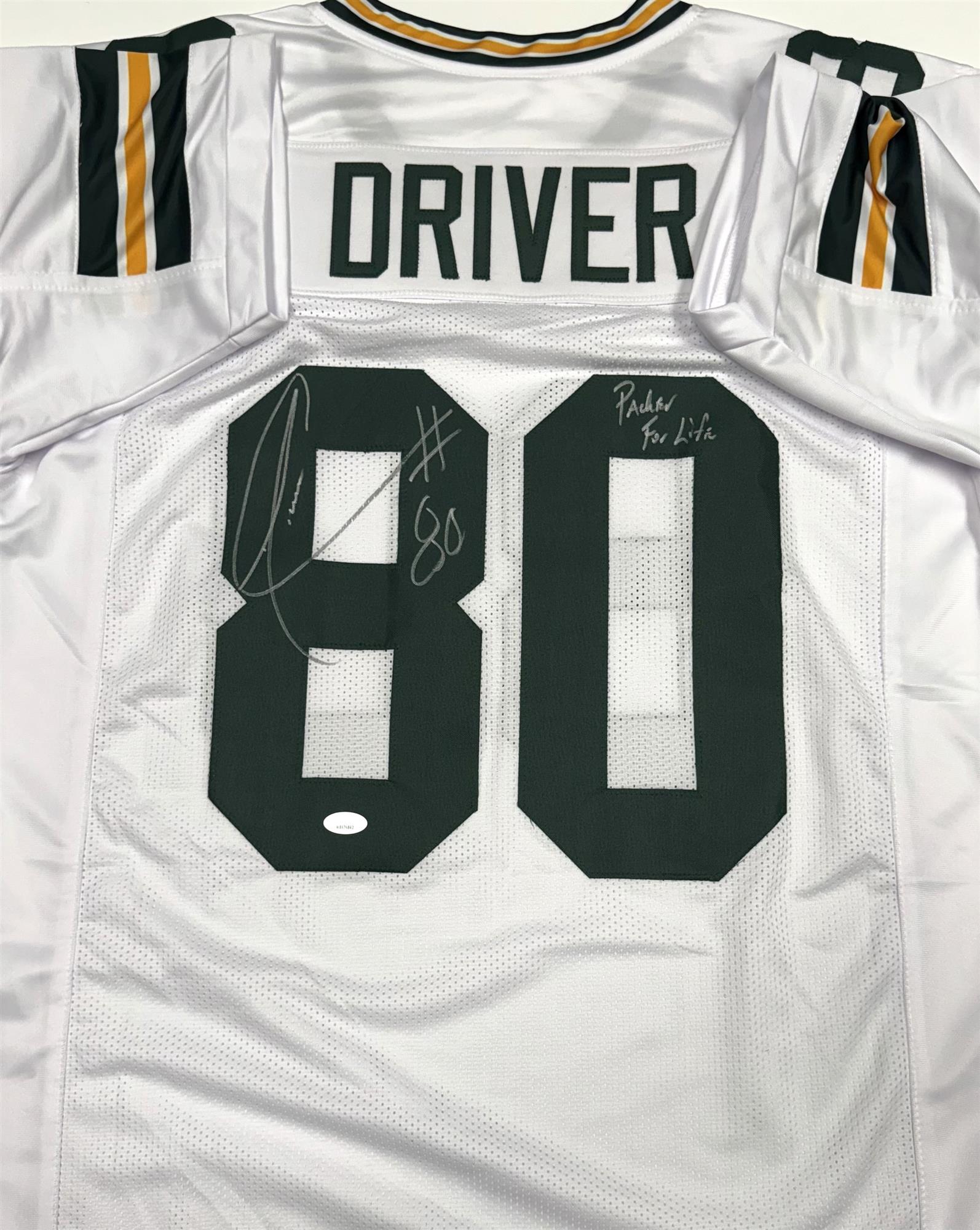 DONALD DRIVER SIGNED CUSTOM REPLICA PACKERS WHITE JERSEY W/ PACKER FOR LIFE - JSA