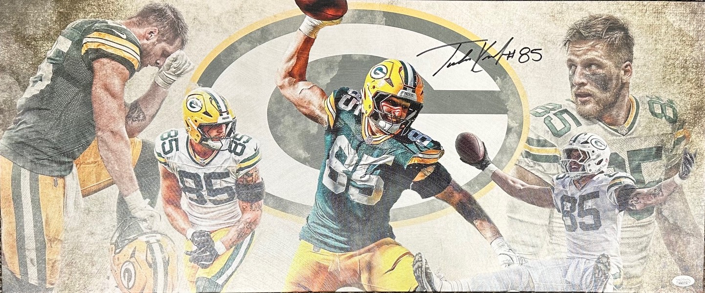 TUCKER KRAFT SIGNED 13X31 STRETCHED CUSTOM PACKERS CANVAS COLLAGE - JSA