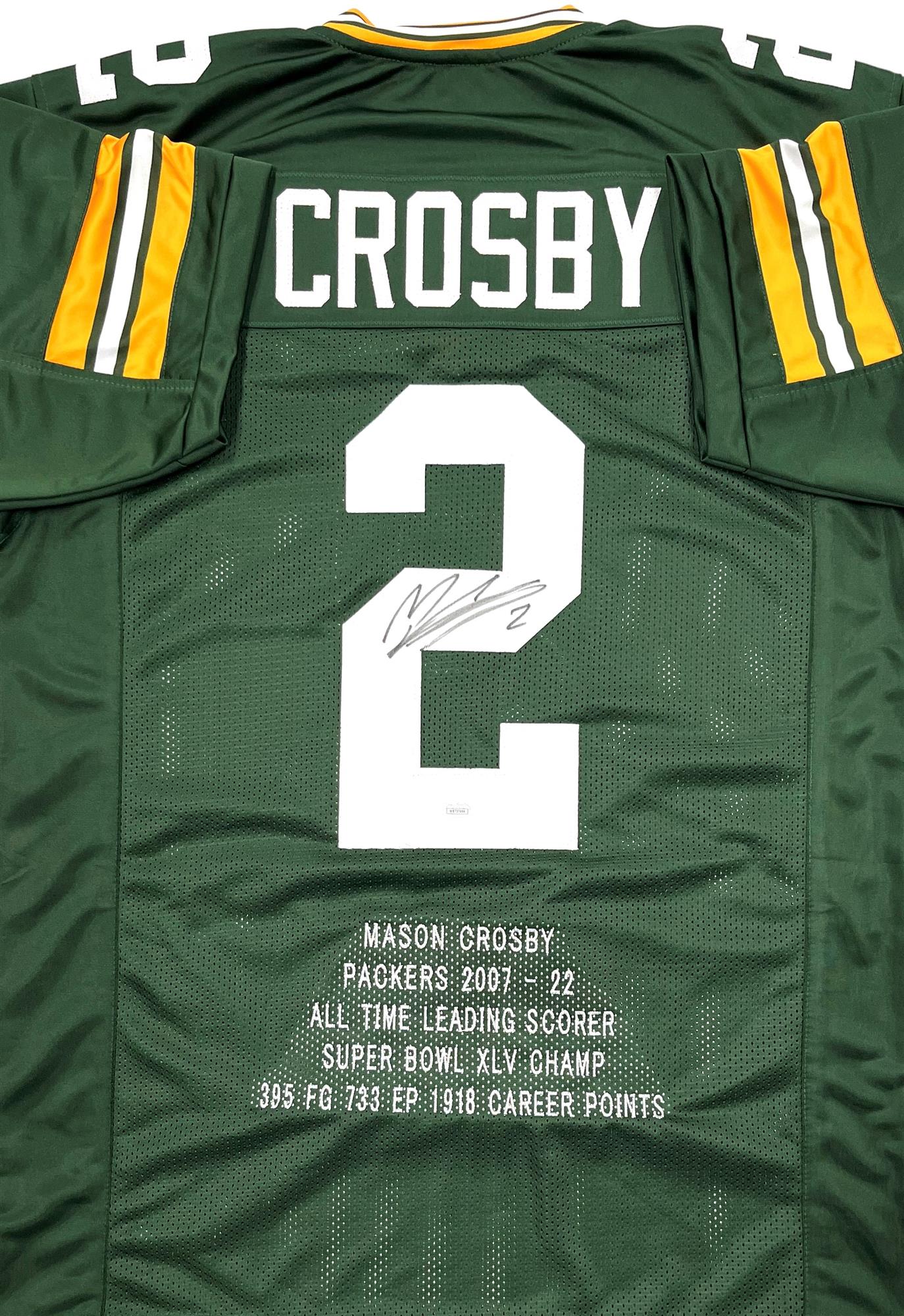 MASON CROSBY SIGNED CUSTOM REPLICA PACKERS GREEN STITCHED STAT JERSEY - JSA