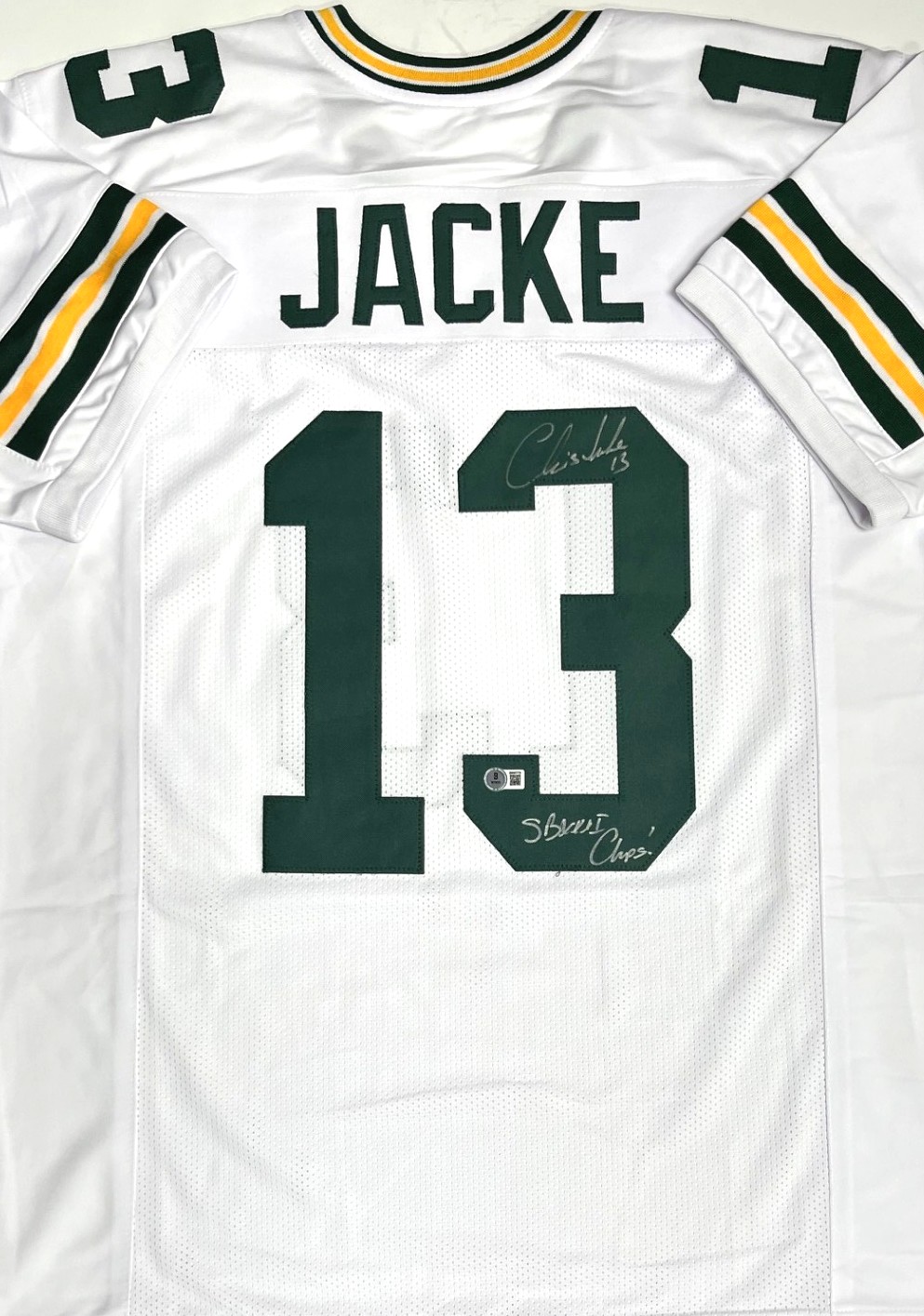 CHRIS JACKE SIGNED CUSTOM REPLICA PACKERS WHITE JERSEY W/ SB CHAMPS - BAS