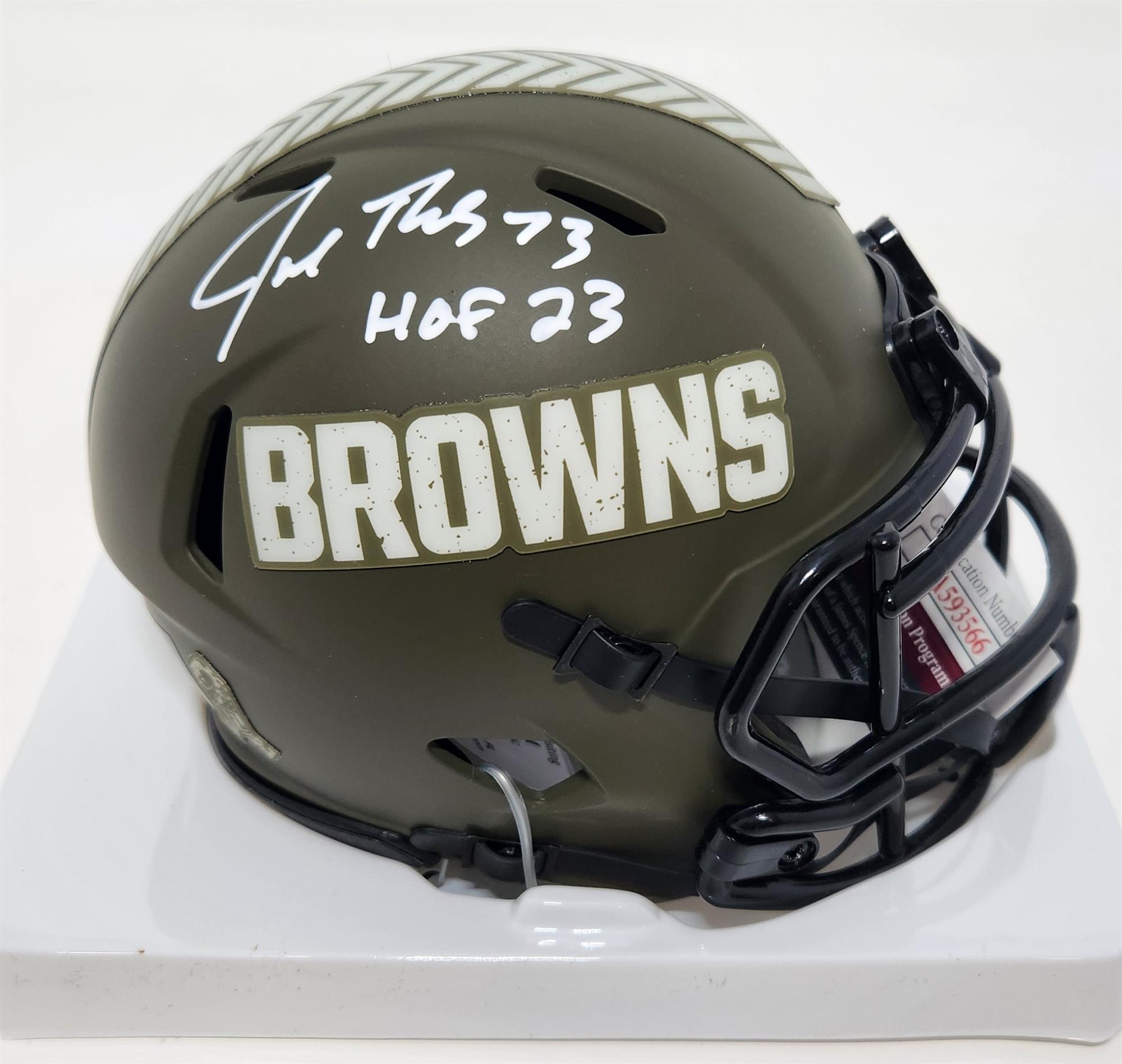 JOE THOMAS SIGNED RIDDELL BROWNS SALUTE TO SERVICE SPEED MINI HELMET W/ HOF '23- JSA