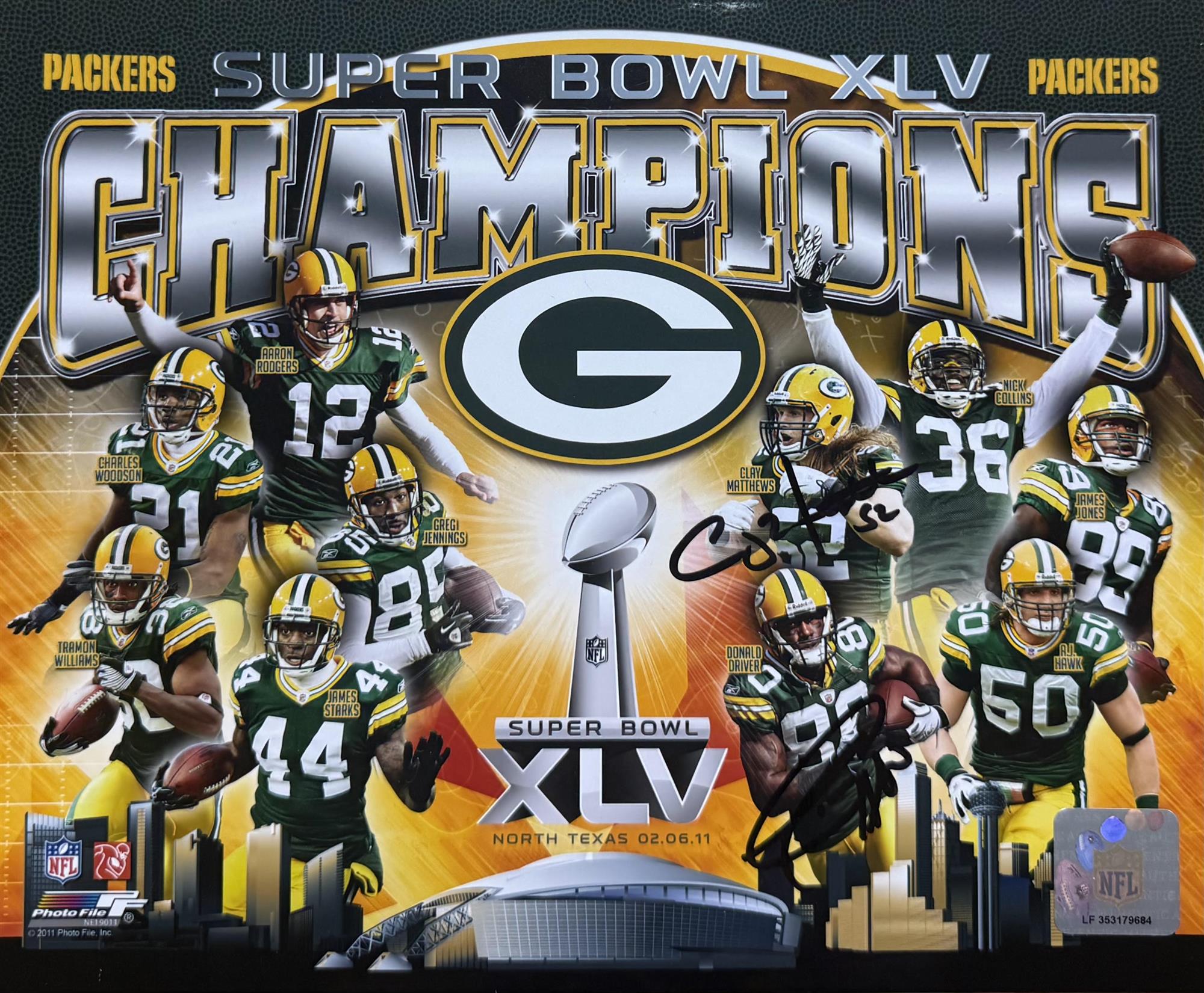 CLAY MATTHEWS & DONALD DRIVER DUAL SIGNED XLV 8X10 PHOTO