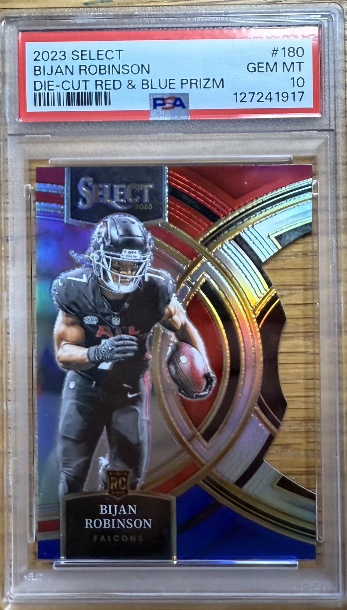 BIJAN ROBINSON - 2023 SELECT DIE-CUT RED & BLUE PRIZM ROOKIE CARD #180 - PSA 10