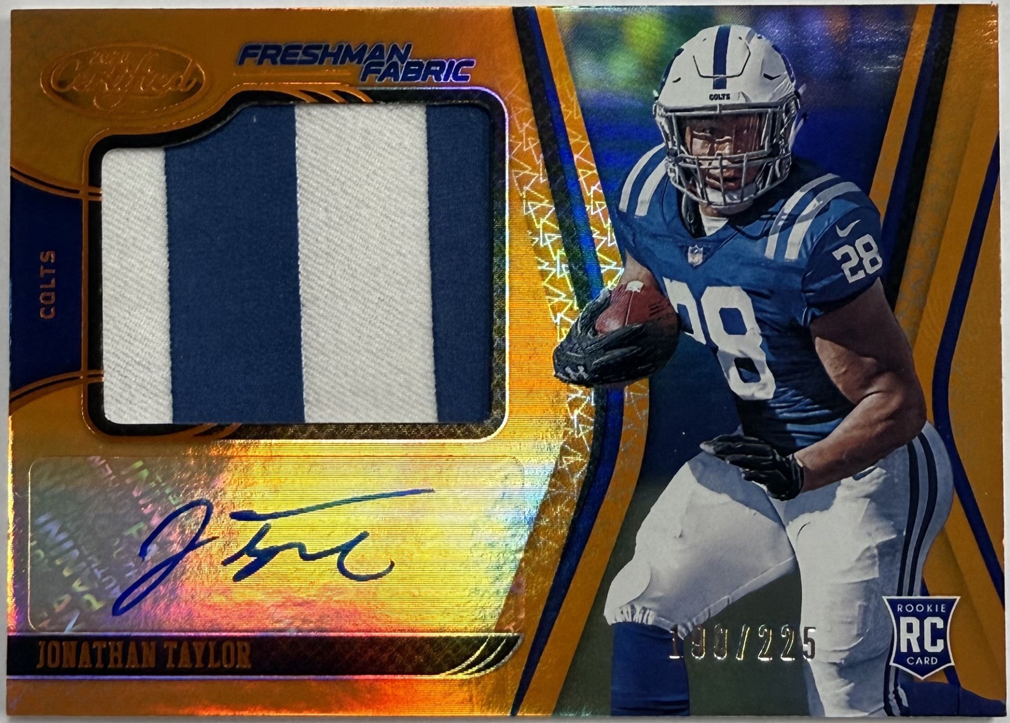 JONATHAN TAYLOR AUTO PATCH CARD - 2020 PANINI FRESHMAN FABRIC /225