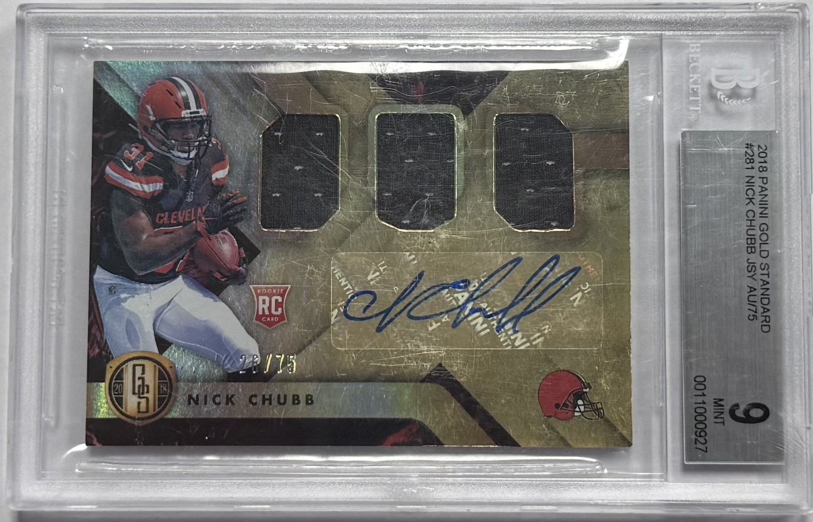NICK CHUBB - AUTOGRAPHED 2018 PANINI GOLD STANDARD JERSEY CARD 26/75 - CLEVELAND BROWNS - BAS