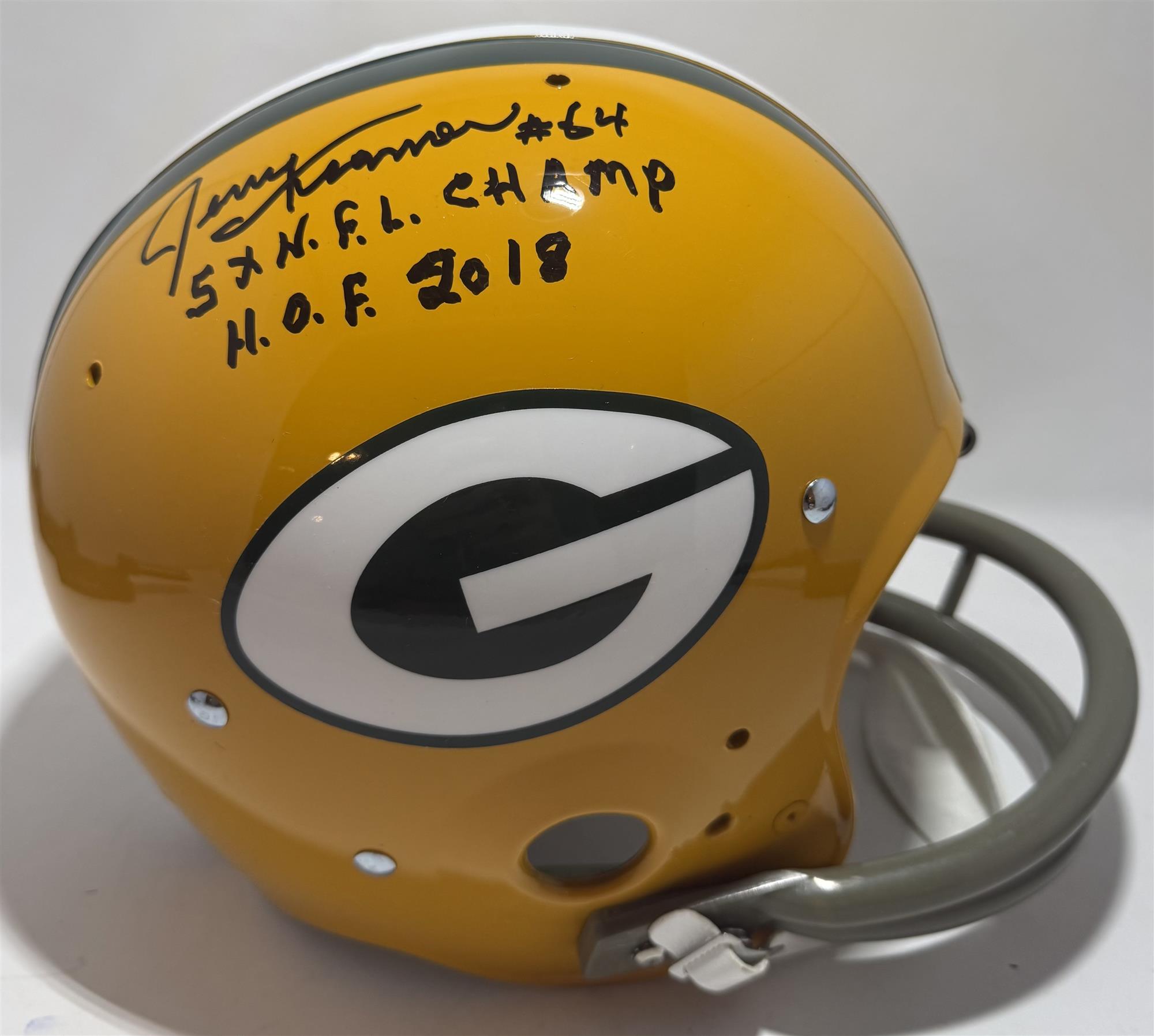 JERRY KRAMER SIGNED FULL SIZE TK SUSPENSION PACKERS HELMET W/ 2 SCRIPTS - JSA