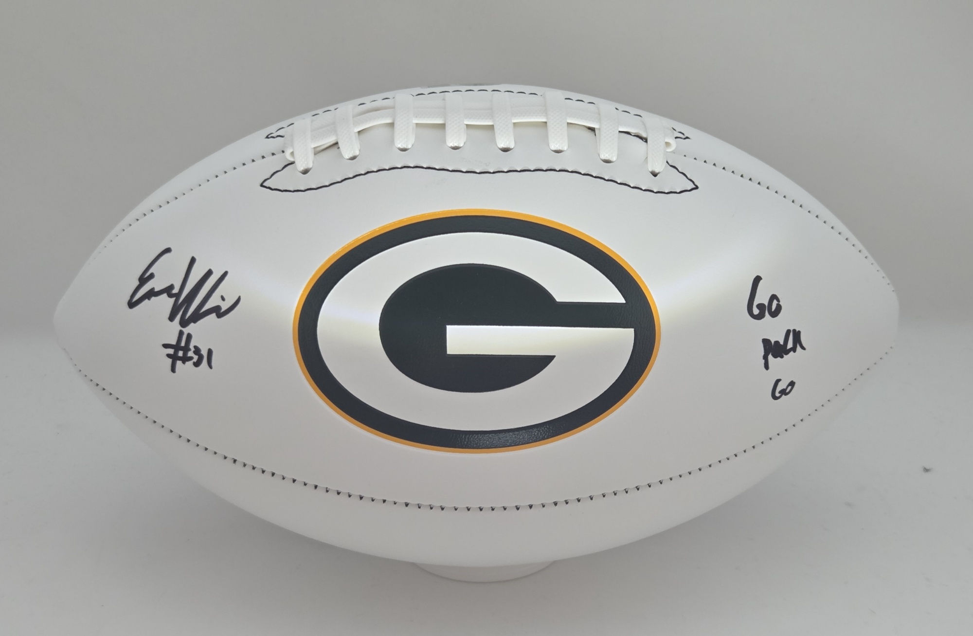 EMANUEL WILSON SIGNED WILSON PACKERS LOGO WHITE PANEL FOOTBALL W/ SCRIPT - BCA