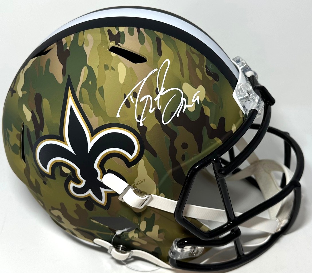 DREW BREES SIGNED FULL SIZE SAINTS REPLICA CAMO HELMET - BAS