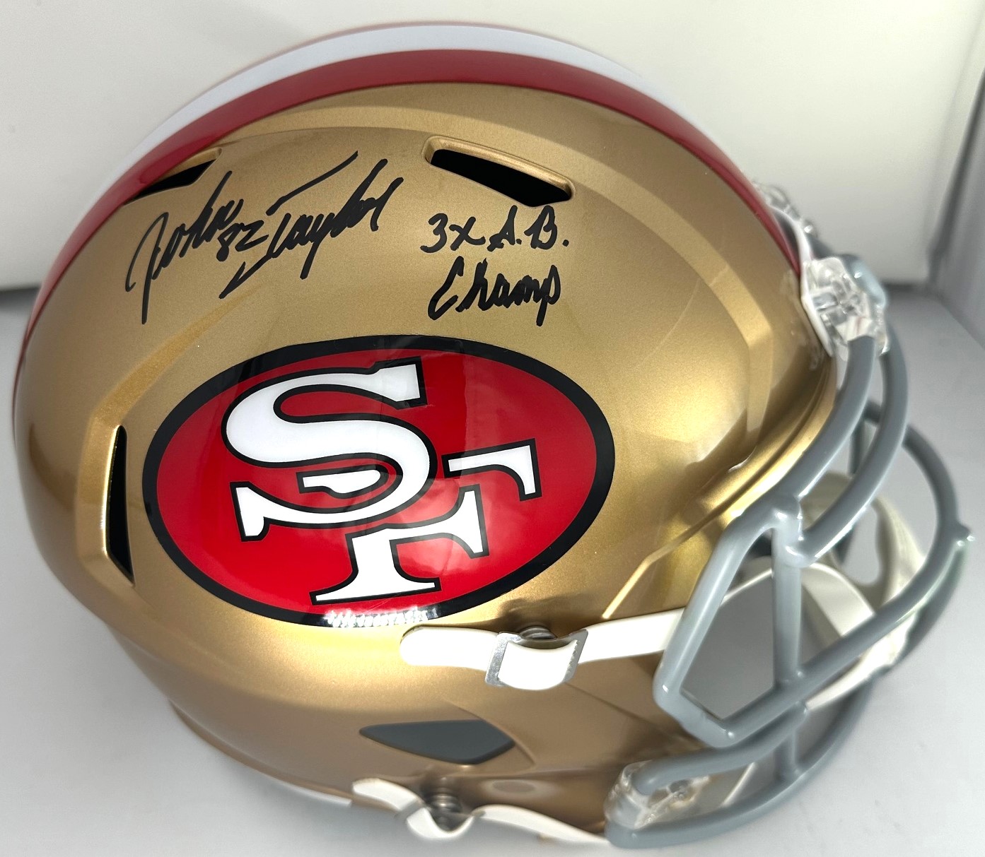 JOHN TAYLOR SIGNED FULL SIZE SF 49ERS REPLICA SPEED HELMET W/ SCRIPT - BAS