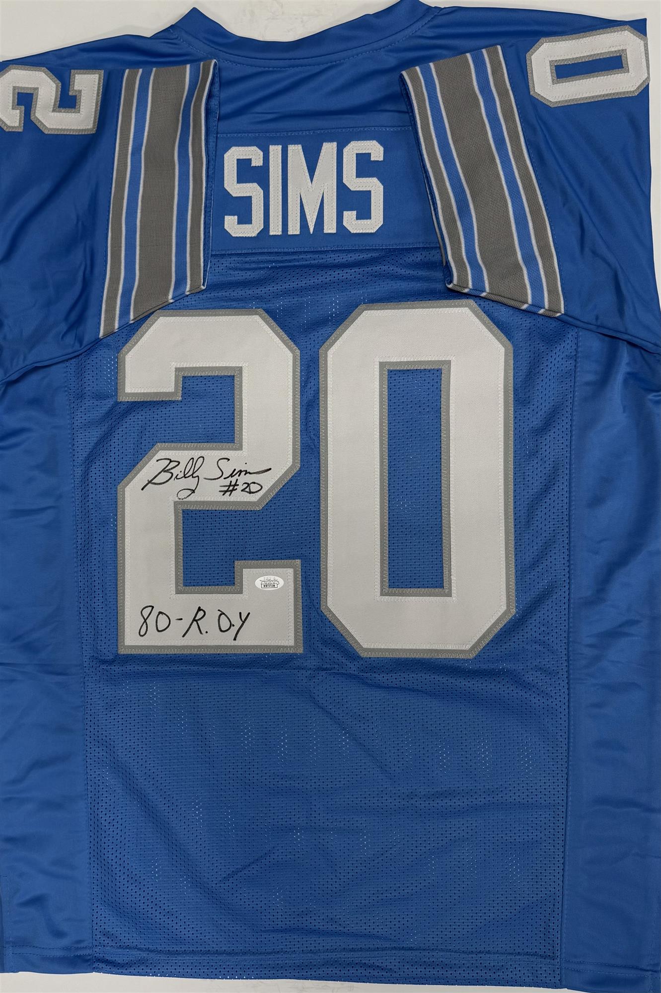 BILLY SIMS SIGNED CUSTOM REPLICA DETROIT LIONS BLUE JERSEY -  BAS