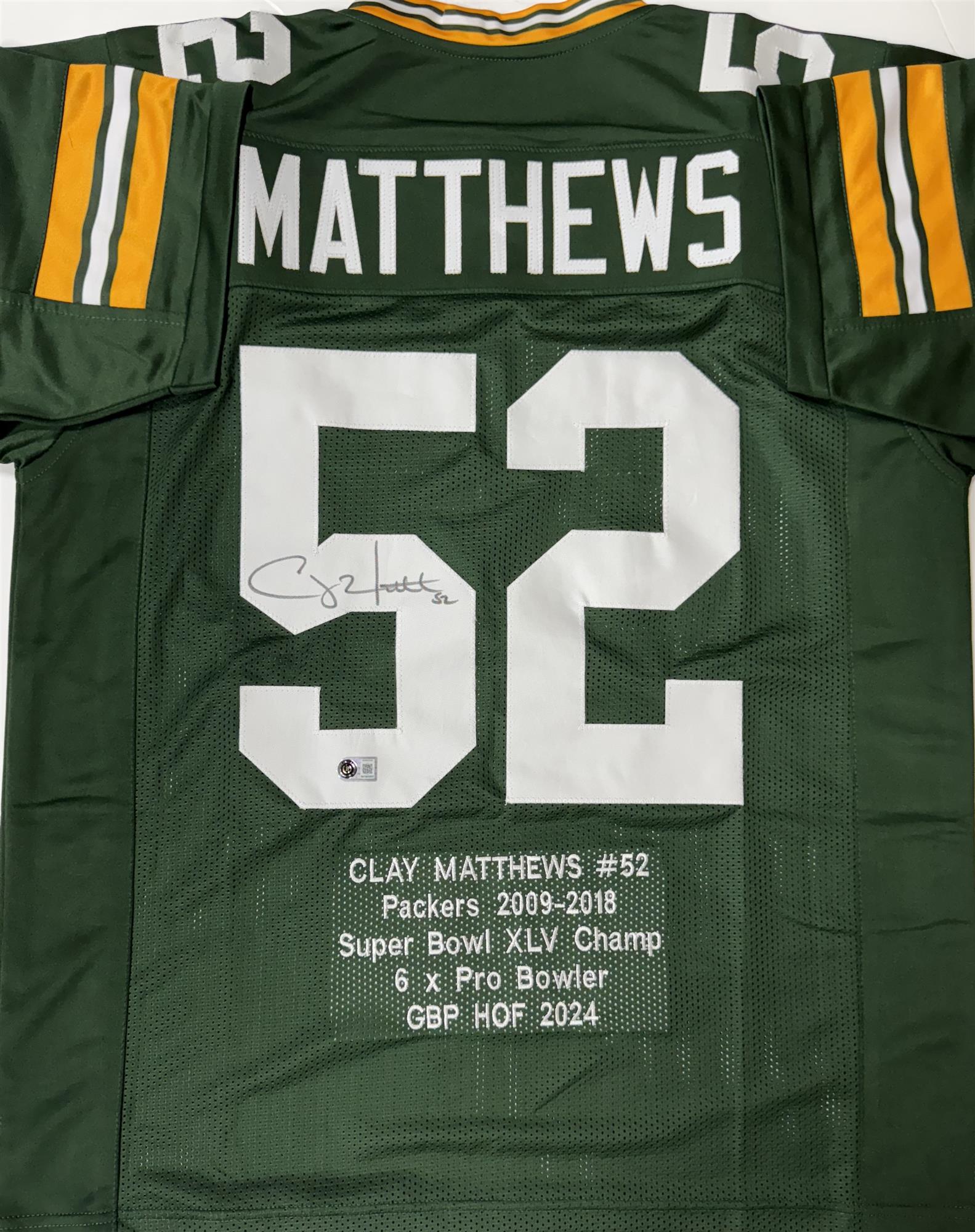 CLAY MATTHEWS SIGNED CUSTOM REPLICA PACKERS GREEN STAT JERSEY - BAS