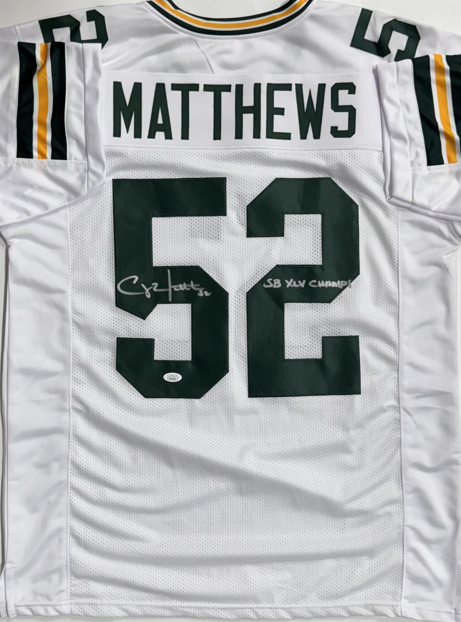 CLAY MATTHEWS SIGNED REPLICA WHITE JERSEY w/ "SB XLV CHAMPS" - GREEN BAY PACKERS - BAS