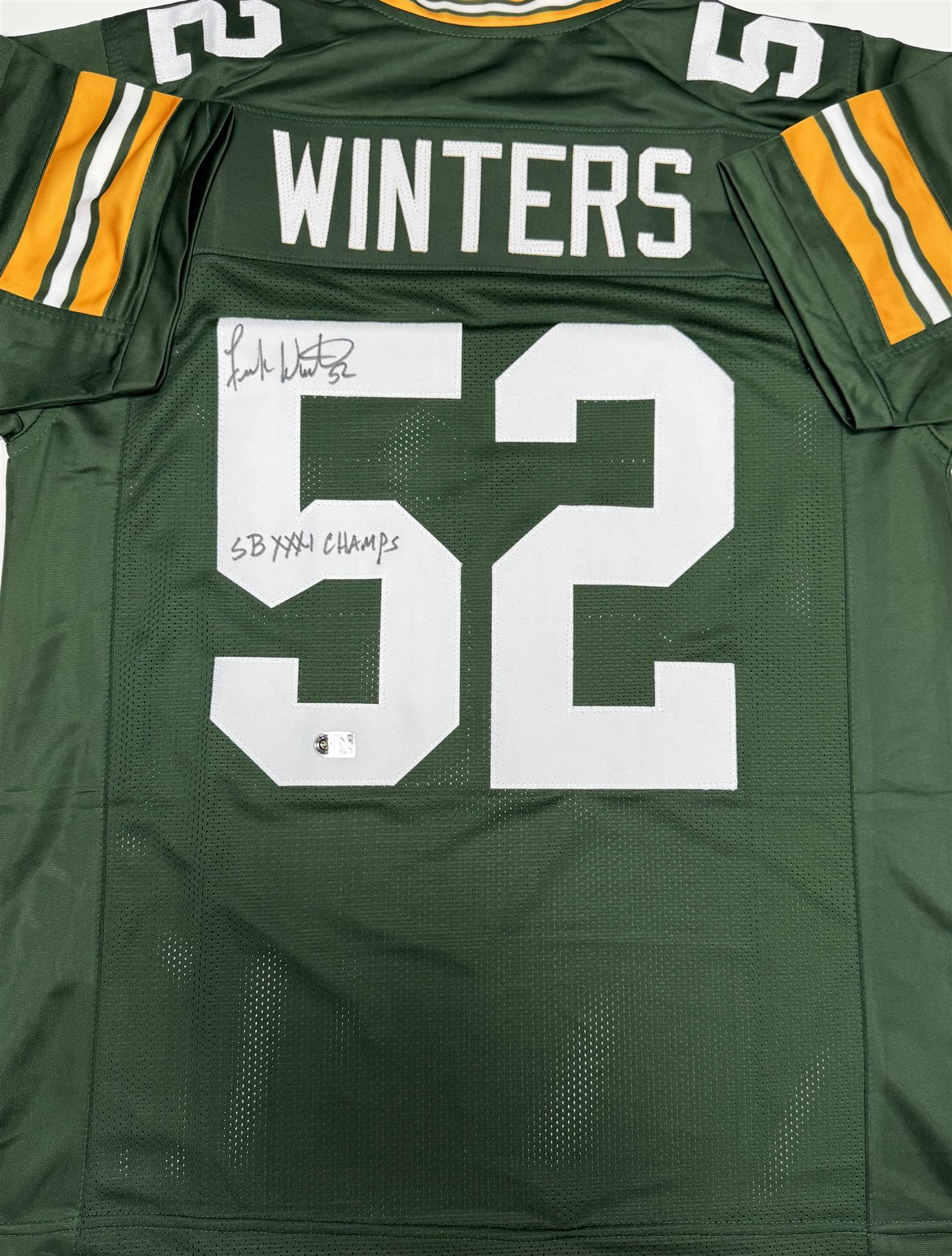FRANK WINTERS SIGNED CUSTOM REPLICA PACKERS GREEN JERSEY W/ "SB XXXI CHAMPS" - BAS