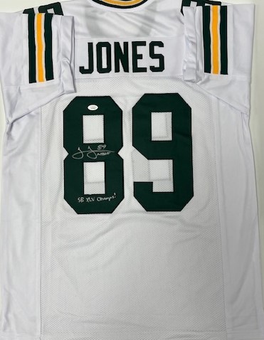 JAMES JONES SIGNED CUSTOM REPLICA PACKERS WHITE JERSEY W/ XLV CHAMPS - JSA