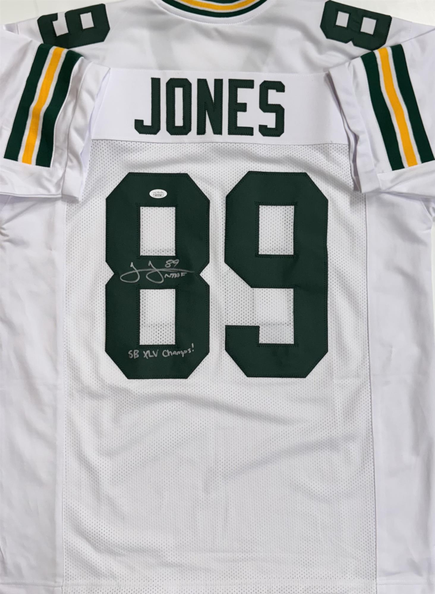 JAMES JONES SIGNED CUSTOM REPLICA PACKERS WHITE JERSEY W/ XLV CHAMPS - JSA