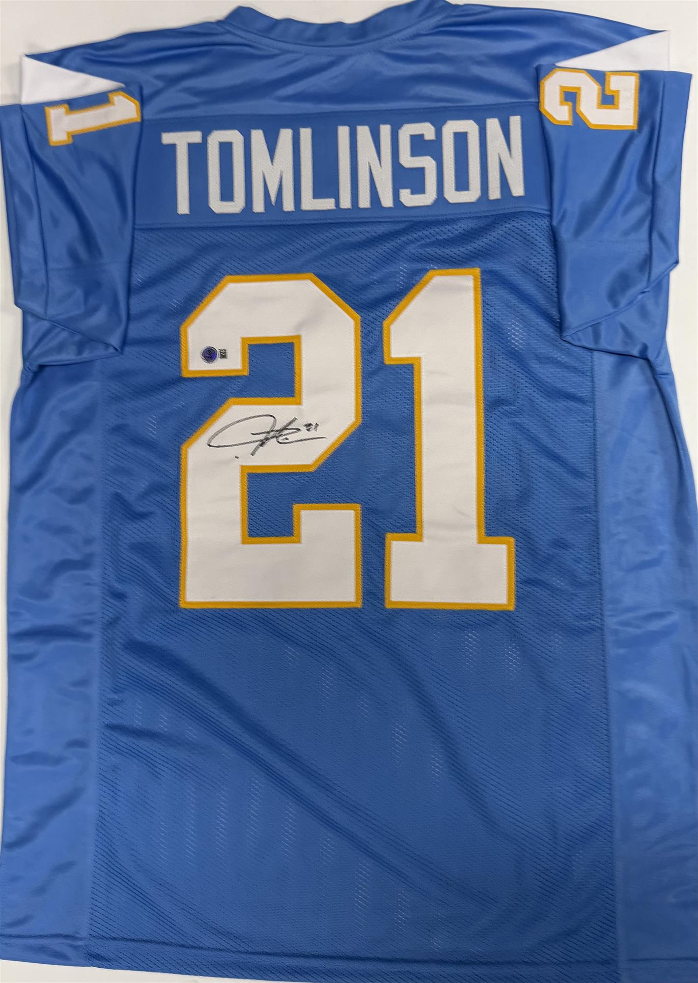 LADAINIAN TOMLINSON SIGNED CUSTOM REPLICA CHARGERS LIGHT BLUE JERSEY - BAS