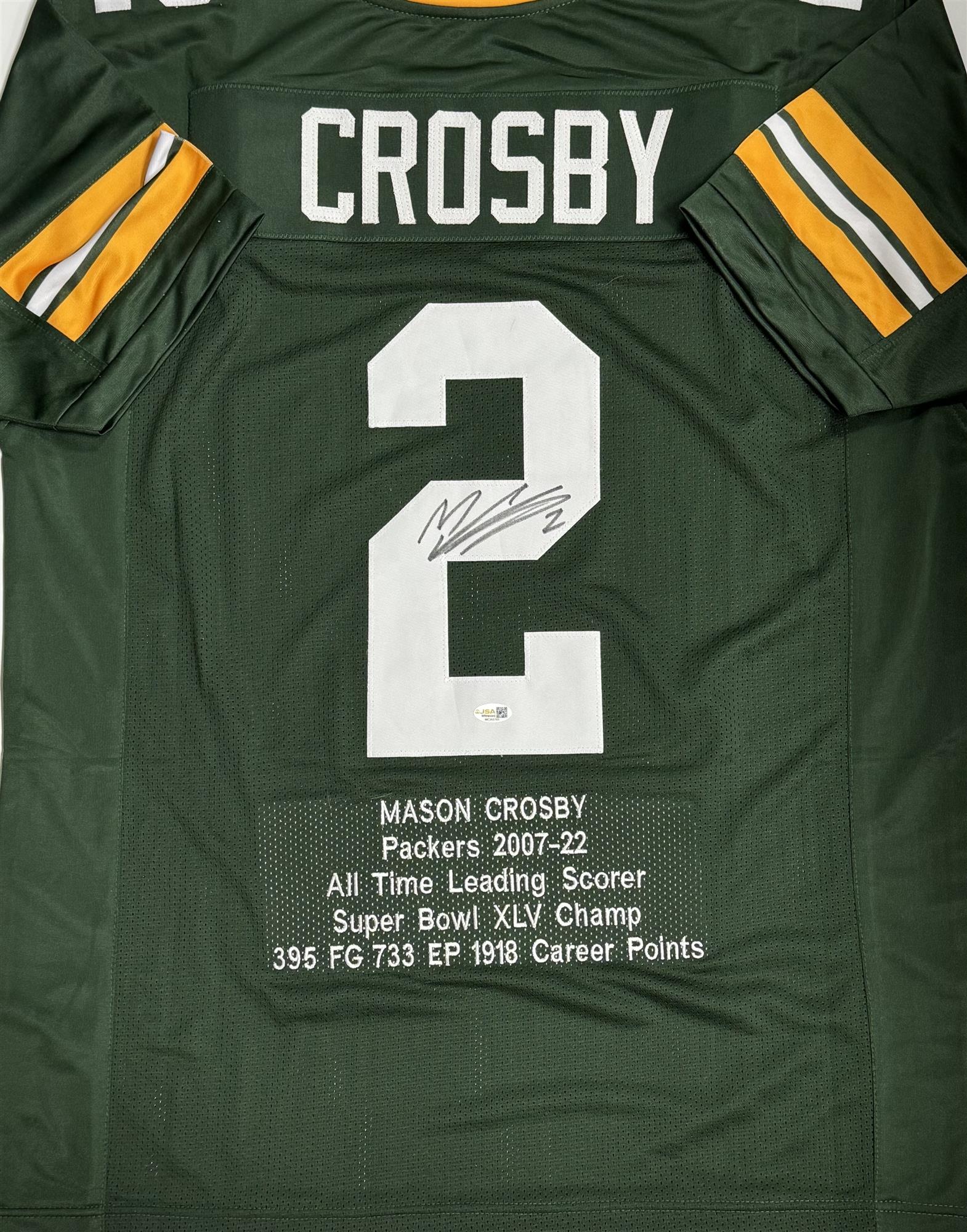 MASON CROSBY SIGNED CUSTOM REPLICA PACKERS GREEN STITCHED STAT JERSEY - JSA