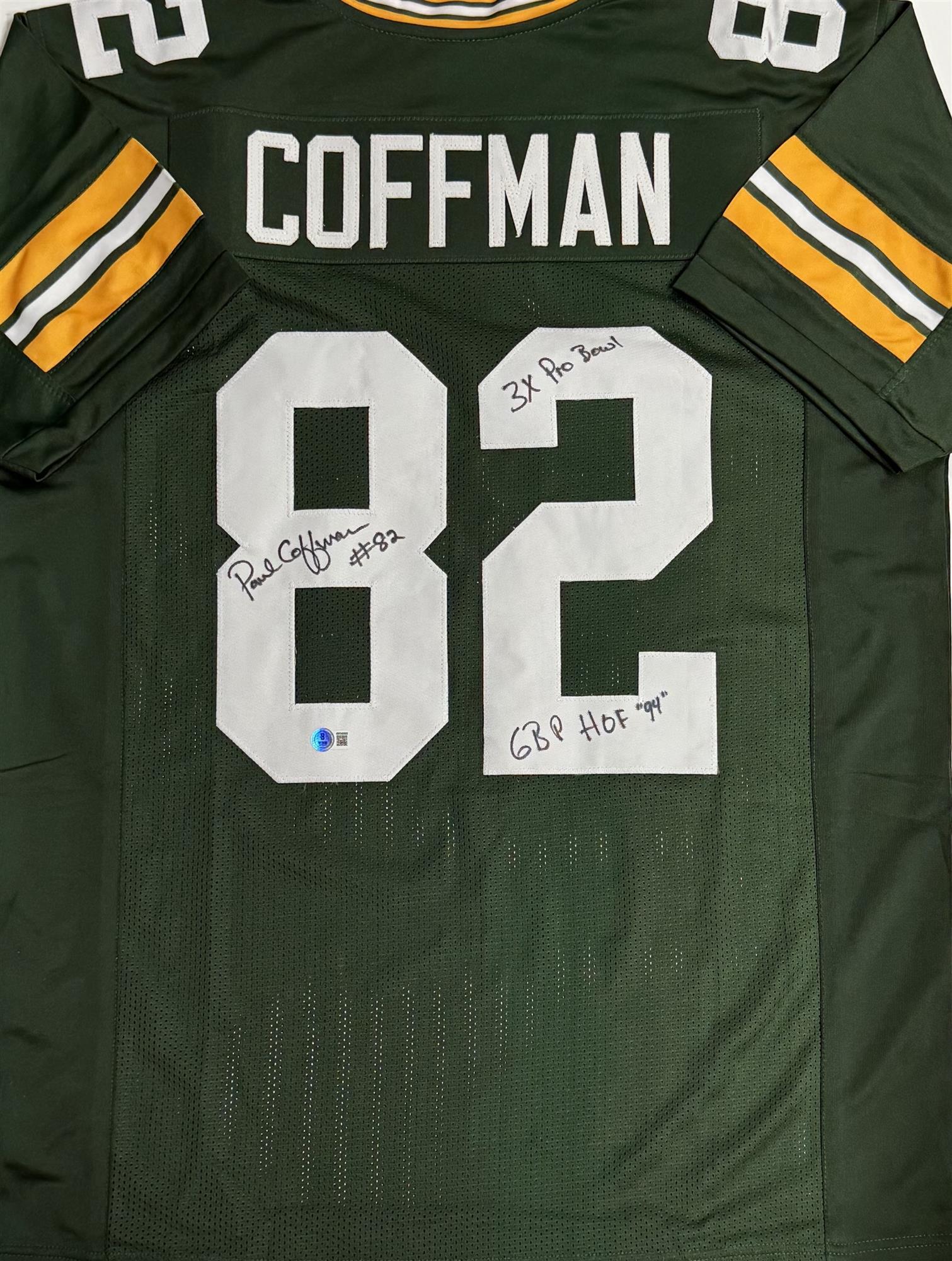 PAUL COFFMAN SIGNED CUSTOM REPLICA GREEN PACKERS JERSEY W/ 2 SCRIPTS - JSA