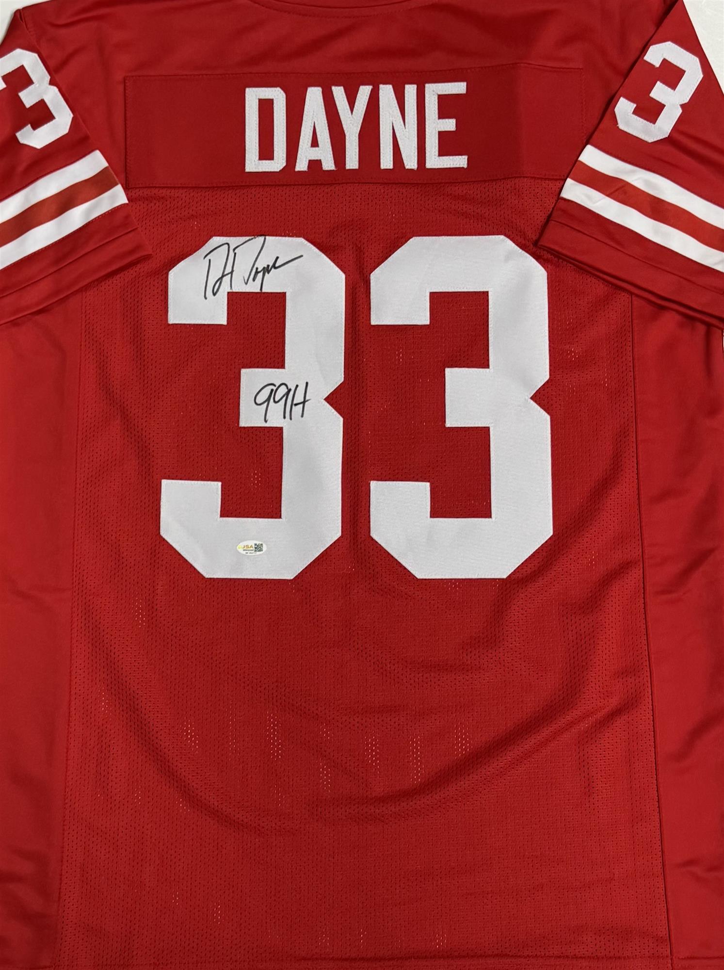 RON DAYNE SIGNED CUSTOM REPLICA WI BADGERS RED JERSEY W/ 99H - JSA