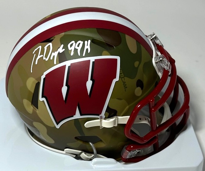 RON DAYNE SIGNED WI BADGERS RIDDELL CAMO SPEED MINI HELMET W/ 99H - BAS