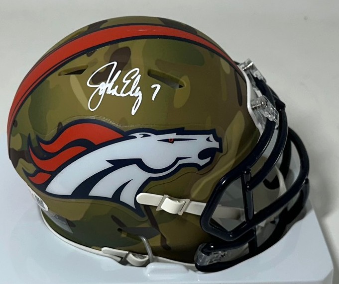 JOHN ELWAY SIGNED BRONCOS CAMO SPEED MINI HELMET - JSA