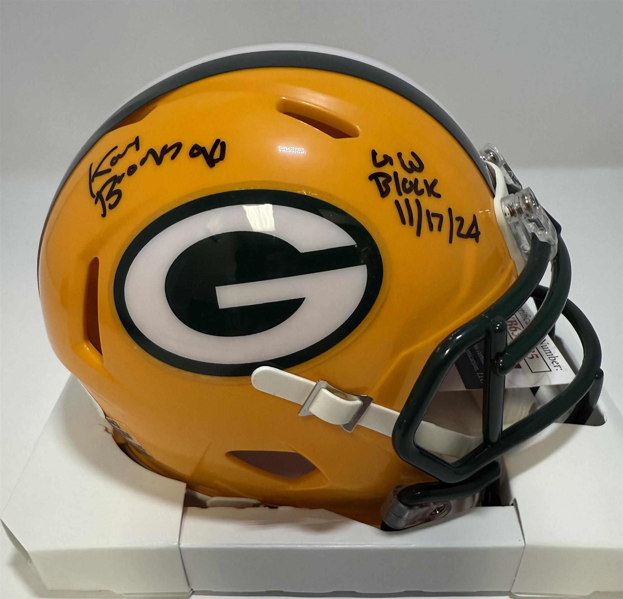 KARL BROOKS SIGNED RIDDELL PACKERS SPEED MINI HELMET WITH BLOCK INSCRIPTION - JSA