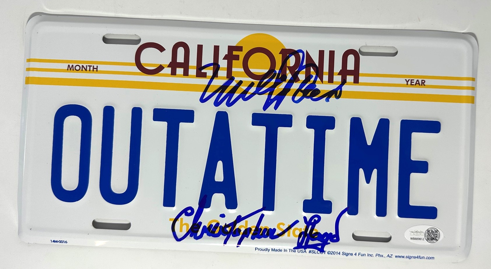 MICHAEL J. FOX & CHRISTOPHER LLOYD DUAL SIGNED BACK TO THE FUTURE "OUTATIME" LICENSE PLATE - JSA