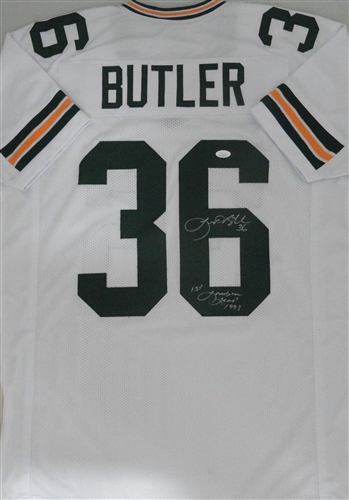 LEROY BUTLER SIGNED CUSTOM REPLICA PACKERS WHITE JERSEY W/ 2 SCRIPTS - JSA