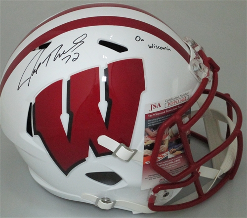 JOE THOMAS SIGNED WI BADGERS FULL SIZE REPLICA SPEED HELMET W/ ON WI - JSA