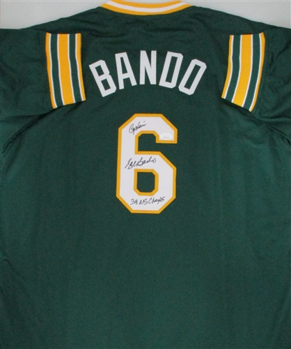 SAL BANDO SIGNED CUSTOM REPLICA ATHLETICS JERSEY W/ 2 SCRIPTS - JSA