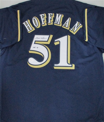 TREVOR HOFFMAN SIGNED CUSTOM REPLICA BREWERS NAVY JERSEY W/ HOF - JSA