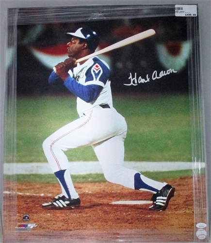 HANK AARON SIGNED 20X24 ATLANTA BRAVES STRETCHED CANVAS #5 - JSA