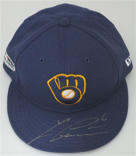 LORENZO CAIN SIGNED 2018 "POST SEASON" NEW ERA BREWERS HAT - JSA
