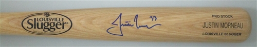 JUSTIN MORNEAU SIGNED LOUISVILLE SLUGGER NAME ENGRAVED BLONDE BAT