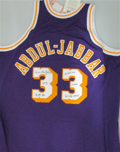 KAREEM ABDUL-JABBAR SIGNED MITCHELL & NESS LAKERS PURPLE JERSEY W/ 6 INSCRIPTIONS - BCA